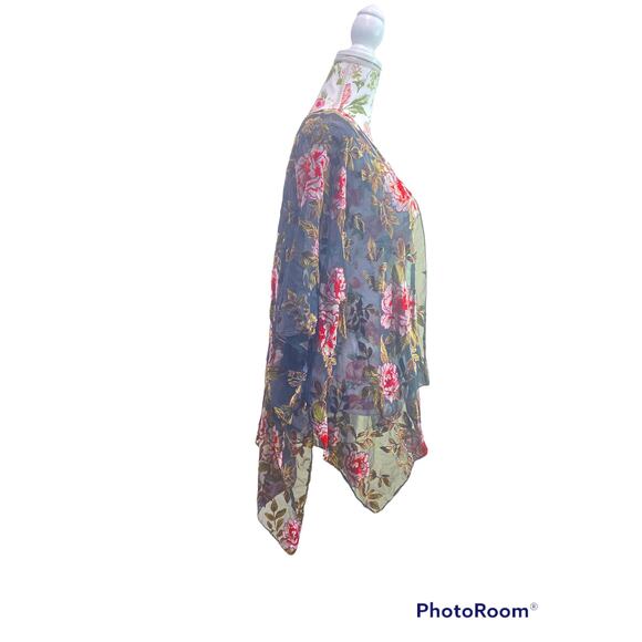 Flowered Embroiled Black Kimono Beach Cover Up Velvety One Size - Picture 2 of 6